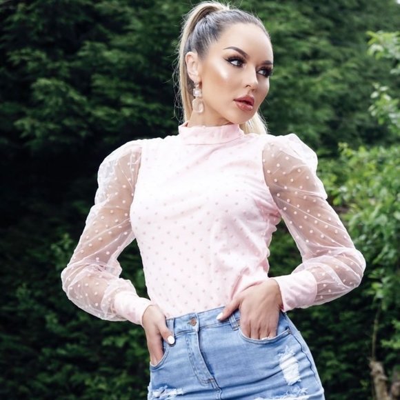 Tops - Pink Polka Dot Long Sheer Sleeve High Neck Top